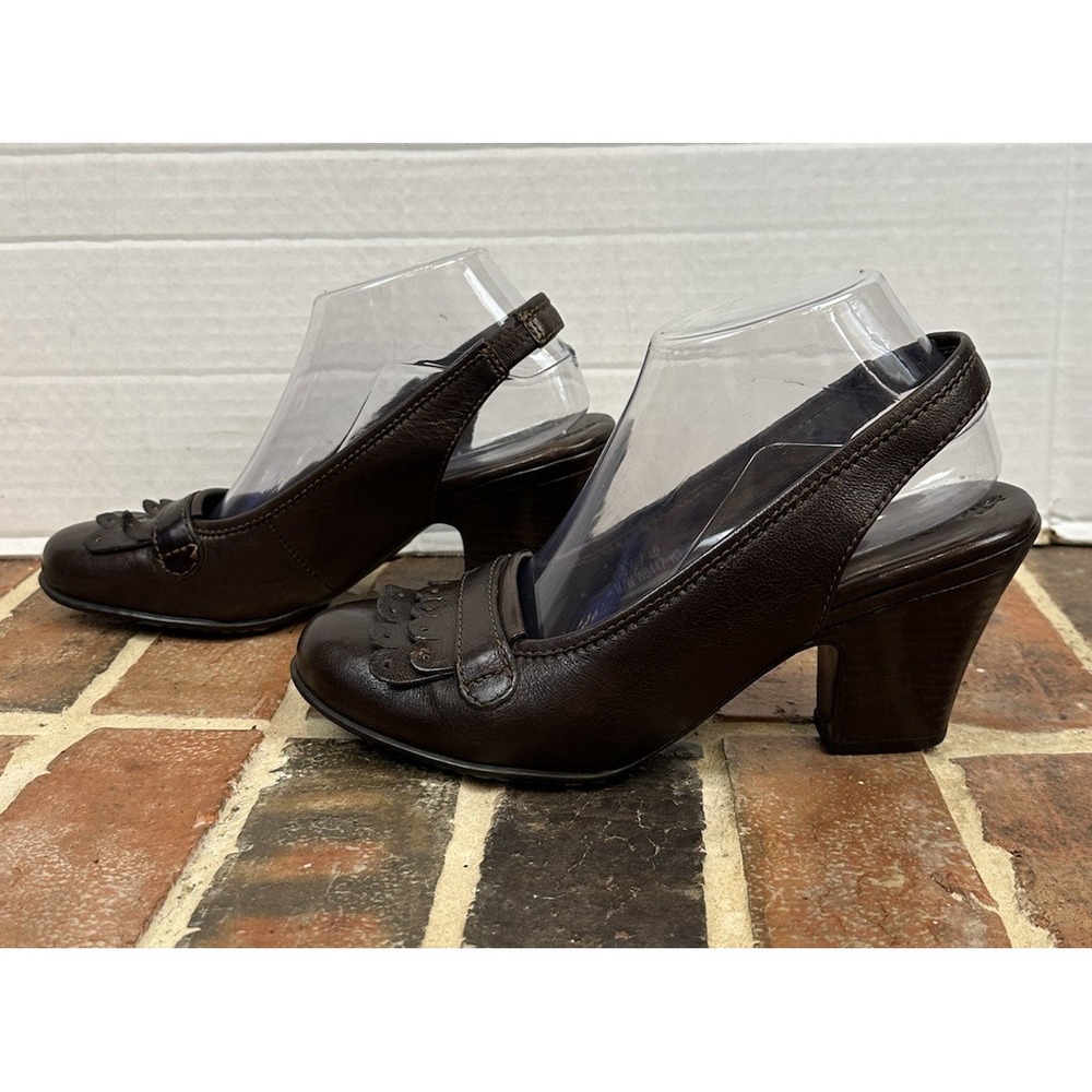 Born Crown Brown Leather Slingback Heels Scalloped Round Toe Block Heel 8.5 - Picture 4 of 7